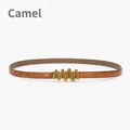 Adjustable camel leather skinny belt for women with elegant wavy gold metal buckle - Camel