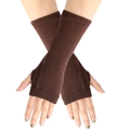 Detailed texture of brown knitted fingerless arm warmers with ribbed cuffs on hands - One Size / Coffee