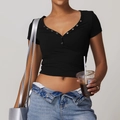 Slim fit black V-neck crop top with metal buttons and ribbed texture for yoga and fitness - XS / Premium Black