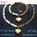 Parure bijoux acier inoxydable avec perles, pendentifs cœur, collier et bracelet - Ensemble Or