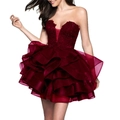 Short burgundy cocktail dress with lace bodice and tiered organza tutu skirt - US Size 2 (S) / Burgundy