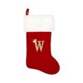 Red Christmas stocking with white faux fur cuff and gold glitter letter W decoration - Letter W