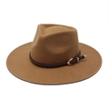 Classic camel wool fedora hat with a flat brim and brown woven leather band decoration - M(56-58cm) / Light Coffee