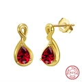 S925 sterling silver drop earrings with golden base and red teardrop gemstones - Red Pear Stud - Gold