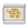 Italian modular bracelet charm in silver steel with golden four-leaf clover and crystals - Silver Base Gold Clover