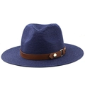 Dettaglio cappello fedora in paglia blu navy con cinturino in pelle e fibbia d'oro - M (56-58cm) / Blu Navy (Decorazione con Anello in Metallo)
