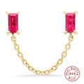 S925 sterling silver chain earrings featuring rectangular cut red zircon gemstones - Single Piece / Gold/Red Zirconia
