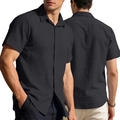 Men's short sleeve black button-up shirt in textured cotton linen fabric - S / Black