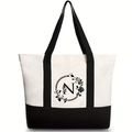Canvas tote bag in black and white with letter N floral print and large capacity - Willow Floral Letter N / 46*12*31CM