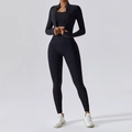 Three-piece black yoga set featuring a slim-fit zip jacket, sports bra, and high-waist leggings - Long Sleeve + Bra + Pants Premium Black