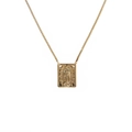 Detail of gold necklace featuring a rectangular pendant with embossed figure on a fine chain - Religious Figure Rectangle-C0251DL