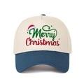 Close-up of Merry Christmas embroidery and red hat icon on a beige baseball cap - Dark Blue