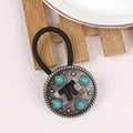 Western turquoise hair tie with vintage silver pumpkin flower design on black elastic - Hollow-Green