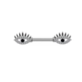 Surgical steel nipple ring with sparkling crystal eyes and black pupils on white backdrop - Silver Evil Eye