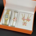 Elegant gold quartz watch set with pink butterfly accents and sparkling crystals in gift box - Black Dial + Large Butterfly Set (Watch + Jewelry)