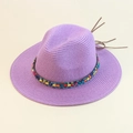 Cappello Panama di paglia viola con perline colorate boho e nappe in pelle marrone - M (56-58cm) / Viola