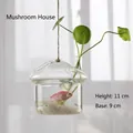 Macro view of mushroom-shaped hanging glass vase with water, pebbles and small fish inside - Mushroom House Shape