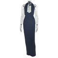 Close-up of the elegant halter neckline and crisscross waist pleats on navy maxi dress - S / Black