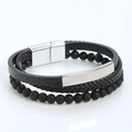 Macro shot of multi-layer leather bracelet with volcanic stone beads and silver magnet clasp - Black + Silver Clasp