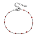 Stainless steel beaded chain bracelet with red enamel beads and lobster clasp closure - Silver Red