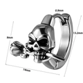 Silver skull and rose punk earring shown from 45-degree angle with size dimensions - Skull and Rose