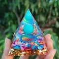 Handheld resin pyramid ornament with colorful stones gold foil and blue crystal sphere - 6cm / A38-Multi Stone Mandala Blue Ball