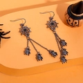 Punk style spider web earrings with long tassel chains on orange Halloween display stand - FX188 (Black Spider Web Tassel)
