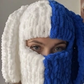 Blue and white handmade knit Balaclava with bunny ears and thick warm texture - White Blue Rabbit Ears