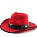 Red western cowboy hat with bull head buckle, ethnic floral embroidery and black trim - M(56-58cm) / Red With Stitching
