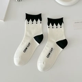 White cotton crew socks with black crown wave trim and COW CAT print variant - One Size / Black Letters