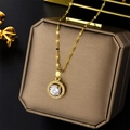 18K rose gold titanium steel necklace with a round sparkling cubic zirconia pendant - Round Rhinestone Style (8981) / Gold