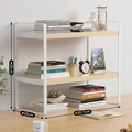 2-tier white metal desk shelf with light wood grain boards, 30.7cm width storage rack - 30cm Integrated 2-Tier White Frame + Wood Board