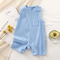 Light blue sleeveless cotton ribbed baby romper with chest pocket and shoulder buttons - 66 / Light Blue