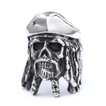 Vintage silver stainless steel pirate skull ring featuring Jack Sparrow style dreadlocks - US Size 8 / Pirate Captain Skull Style (11402)