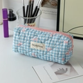 Blue gingham pencil case with pink bows and quilted fabric texture storage bag - Blue Grid with Bow