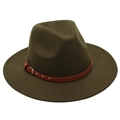 Close-up of military green wool fedora hat featuring a brown leather belt with metal buckle - One Size (57cm) / Army Green (3 Studs)
