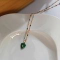Titanium steel heart necklace with dark green enamel pendant and colorful beads - Titanium Steel Colorful Chain Necklace / Green Heart