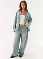 Retro light blue denim jacket and wide-leg jeans set with a vintage washed finish - S / Single Jacket
