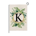 Polyester garden flag featuring letter K and green floral wreath on linen texture background - Letter K