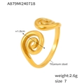 Golden titanium steel spiral ring with size and weight specs on a white background - One Size US 7 / Spiral Design (A879-Gold)