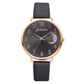 Detail of quartz watch with black dial, rose gold case, and crescent moon decorative window - Watch Only / Black