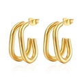 Polished two-tone oval double-loop stainless steel stud earrings in gold finish - Double Loop Oval Spliced Style (MS-155)