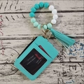 Mint green leather card holder keychain with beaded silicone bracelet and tassel - Mint Green
