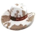 Detail of western cow print plush hat with faux leather band and bronze bull skull buckle - Straight Crown Khaki