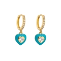 Detail of gold-plated hoop earrings featuring sky blue enamel hearts and zircon accents - Sky Blue Heart