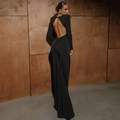 Detail of elegant backless design and ruched hip texture on a long sleeve black dress - S / Black