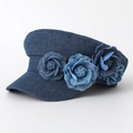 Navy blue denim newsboy beret for women featuring three handcrafted 3D floral accents - One Size (57cm) / Denim Dark Blue