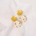 Gold bee earrings with white pearl-style drops and crystals on linen fabric - Bee Style