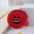 Mini round red plush emoji coin purse with embroidered smile and plastic clip hook - Red