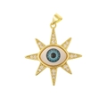 Close-up of golden Evil Eye pendant with blue pupil and sparkling cubic zirconia stones - DZ296-Sunburst Eye